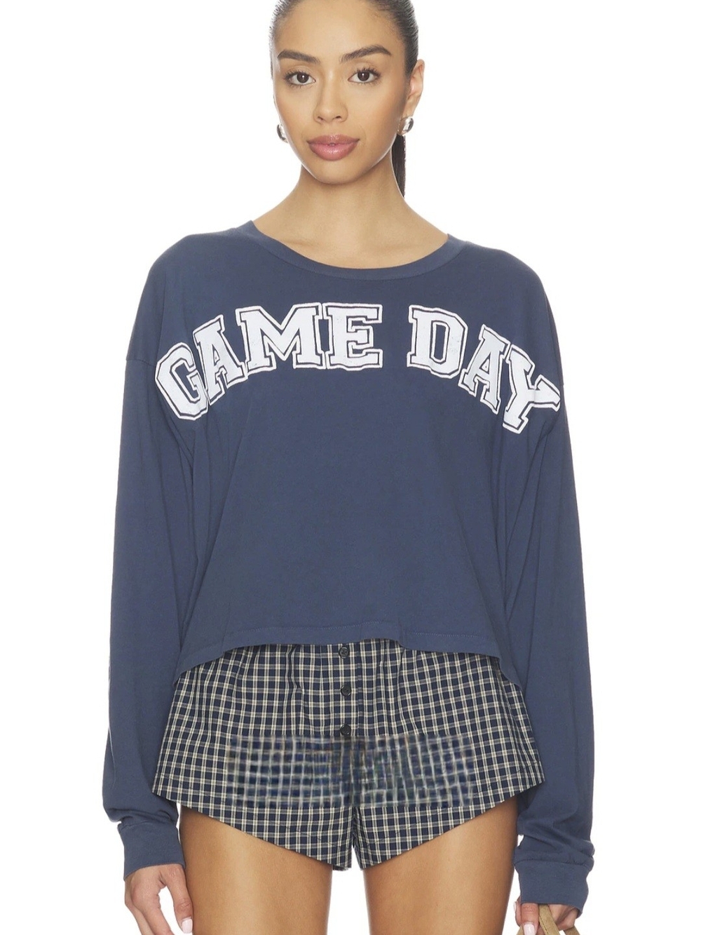 NWOT Daydreamer GAME DAY Navy Graphic Long Sleeve Crop Top